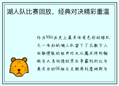 湖人队比赛回放，经典对决精彩重温