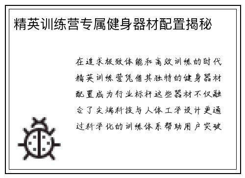 精英训练营专属健身器材配置揭秘