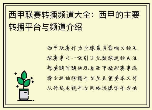 西甲联赛转播频道大全：西甲的主要转播平台与频道介绍